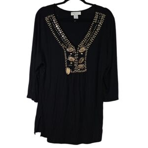Design History Black Embellished Tunic Top 2X V-Neck 3/4 Sleeve Boho Top